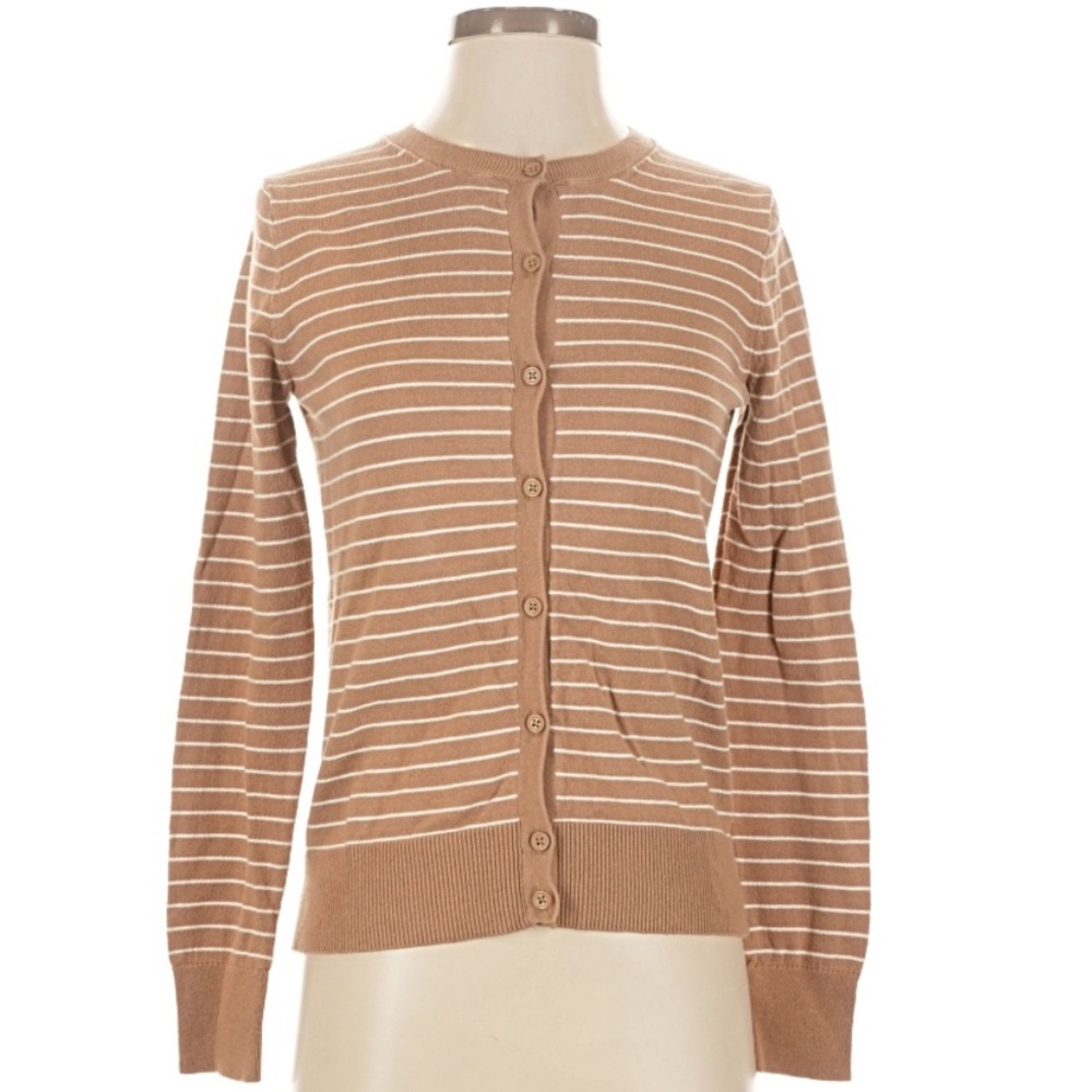 Striped Tan Crewneck Button Cardigan Sweater - GAP